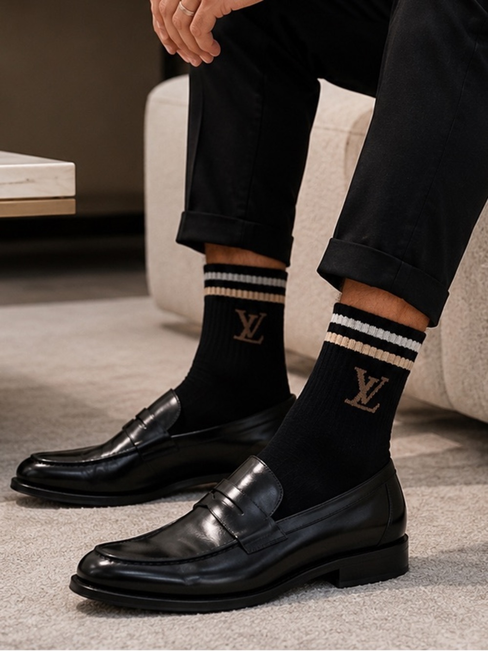 Louis Vuitton Black Crew Socks with Brown Logo and Cream Stripes